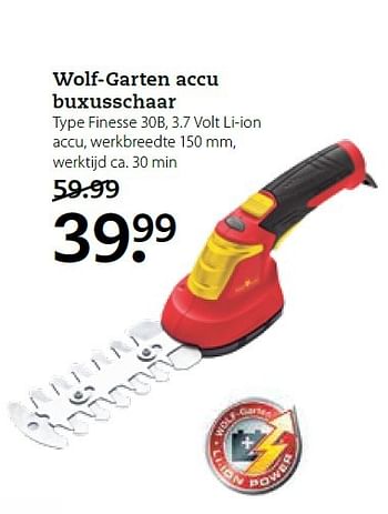 Aanbiedingen Wolf-garten accu buxusschaar finesse 30b - Wolf Garten - Geldig van 13/04/2015 tot 26/04/2015 bij Boerenbond