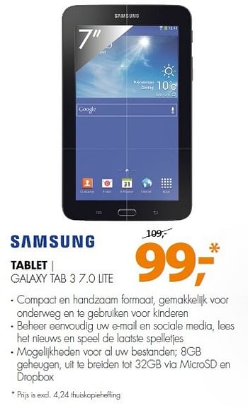 Aanbiedingen Samsung tablet galaxy tab 3 7.0 lite - Samsung - Geldig van 20/04/2015 tot 26/04/2015 bij Expert