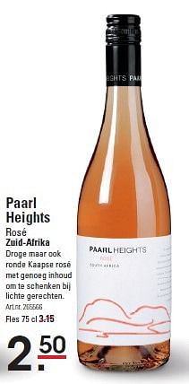 Aanbiedingen Paarl heights rosé zuid-afrika - Rosé wijnen - Geldig van 09/04/2015 tot 27/04/2015 bij Sligro