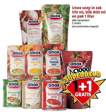 Aanbiedingen Unox soep in zak 570 ml, blik 800 ml en pak 1 liter - Unox - Geldig van 27/04/2015 tot 28/04/2015 bij C1000