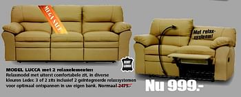 Aanbiedingen Model lucca met 2 relaxelementen - Huismerk - Seats and Sofas - Geldig van 27/04/2015 tot 02/05/2015 bij Seats and Sofas