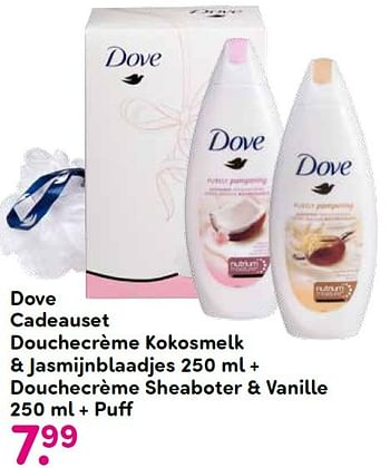 Aanbiedingen Dove cadeauset douchecrème kokosmelk + jasmijnblaadjes 250 ml + douchecrème sheaboter + vanille - Dove - Geldig van 20/04/2015 tot 03/05/2015 bij da