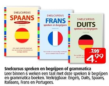 Aanbiedingen Snelcursus spreken en begrijpen of grammatica - Huismerk - Boekenvoordeel - Geldig van 25/04/2015 tot 03/05/2015 bij Boekenvoordeel