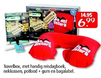 Aanbiedingen Travelbox, met handig reisdagboek, nekkussen, potlood + gum en bagalabel - Huismerk - Boekenvoordeel - Geldig van 25/04/2015 tot 03/05/2015 bij Boekenvoordeel