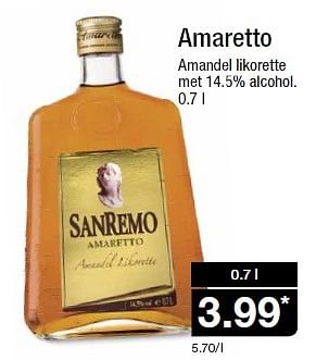 Aanbiedingen Amaretto amandel likorette met 14.5% alcohol - San Remo - Geldig van 29/04/2015 tot 05/05/2015 bij Aldi