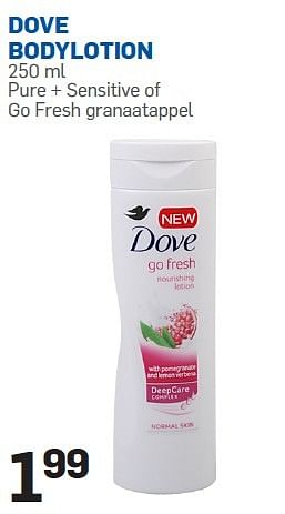Aanbiedingen Dove bodylotion pure + sensitive of go fresh granaatappel - Dove - Geldig van 28/04/2015 tot 10/05/2015 bij Action