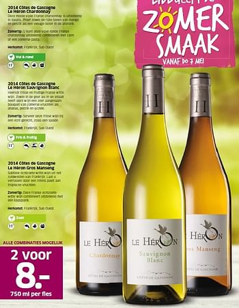 Aanbiedingen 2014 côtes de gascogne le héron chardonnay - Witte wijnen - Geldig van 04/05/2015 tot 10/05/2015 bij Lidl