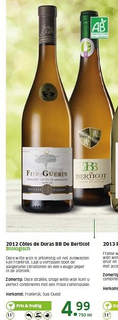 Aanbiedingen 2012 côtes de duras bb de berticot biologisch - Witte wijnen - Geldig van 04/05/2015 tot 10/05/2015 bij Lidl