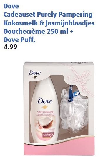 Aanbiedingen Dove cadeauset purely pampering kokosmelk + jasmijnblaadjes douchecrème 250 ml + dove puff - Dove - Geldig van 04/05/2015 tot 05/05/2015 bij Uw eigen drogist