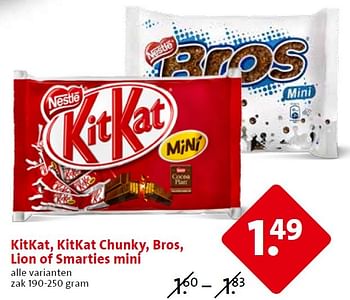 Aanbiedingen Kitkat, kitkat chunky, bros, lion of smarties mini - Nestlé - Geldig van 06/05/2015 tot 12/05/2015 bij C1000