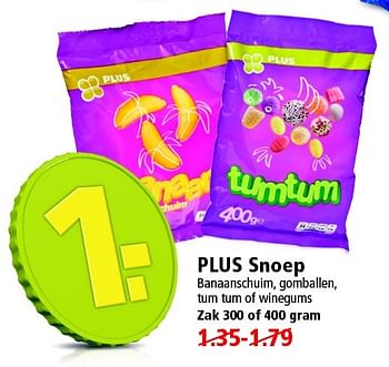 Aanbiedingen Plus snoep banaanschuim, gomballen, tum tum of winegums - Huismerk - Plus - Geldig van 10/05/2015 tot 16/05/2015 bij Plus