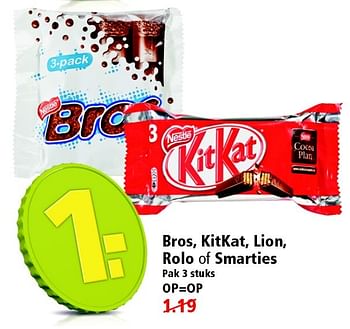 Aanbiedingen Bros, kitkat, lion, rolo of smarties - Nestlé - Geldig van 10/05/2015 tot 16/05/2015 bij Plus