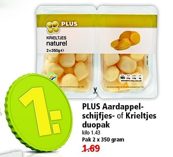 Aanbiedingen Plus aardappelschijfjes- of krieltjes duopak - Huismerk - Plus - Geldig van 10/05/2015 tot 16/05/2015 bij Plus