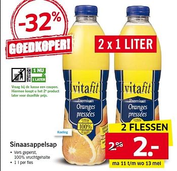 Aanbiedingen Sinaasappelsap - Vitafit - Geldig van 11/05/2015 tot 17/05/2015 bij Lidl