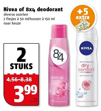 Aanbiedingen Nivea of 8x4 deodorant - 8x4 - Geldig van 11/05/2015 tot 17/05/2015 bij Poiesz