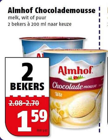 Aanbiedingen Almhof chocolademousse melk, wit of puur - Almhof - Geldig van 11/05/2015 tot 17/05/2015 bij Poiesz