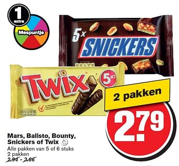 Aanbiedingen Mars, balisto, bounty,  snickers of twix - Mars Snacks - Geldig van 13/05/2015 tot 19/05/2015 bij Hoogvliet