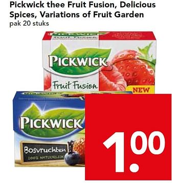 Aanbiedingen Pickwick thee fruit fusion, delicious spices, variations of fruit garden - Pickwick - Geldig van 17/05/2015 tot 23/05/2015 bij Deen Supermarkten