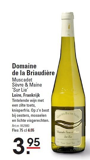 Aanbiedingen Domaine de la briaudière muscadet sèvre + maine `sur lie` loire, frankrijk - Witte wijnen - Geldig van 21/05/2015 tot 08/06/2015 bij Sligro