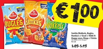 Aanbiedingen Smiths wokkels, bugles, hamka`s of goal of nibb-it happy ones, rings of sticks - Smiths - Geldig van 31/05/2015 tot 06/06/2015 bij Plus