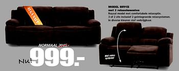 Aanbiedingen Model bryce met 2 relaxelementen - Huismerk - Seats and Sofas - Geldig van 08/06/2015 tot 13/06/2015 bij Seats and Sofas