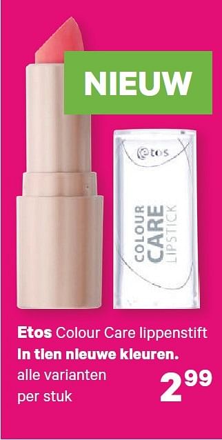 Aanbiedingen Etos colour care lippenstift in tien nieuwe kleuren - Huismerk - Etos - Geldig van 01/06/2015 tot 14/06/2015 bij Etos