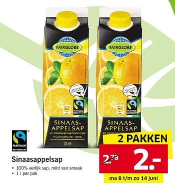 Aanbiedingen Sinaasappelsap - Fairglobe - Geldig van 08/06/2015 tot 14/06/2015 bij Lidl
