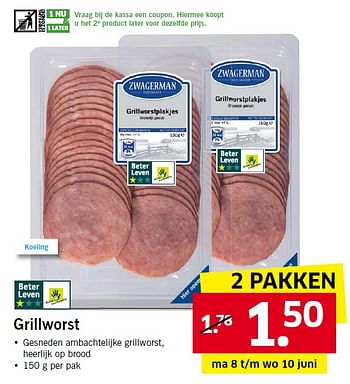 Aanbiedingen Grillworst - Zwagerman - Geldig van 08/06/2015 tot 14/06/2015 bij Lidl