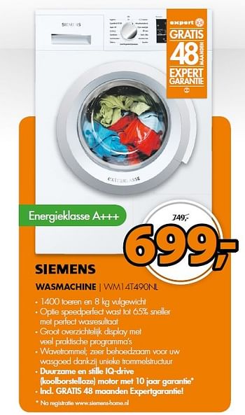 Aanbiedingen Siemens wasmachine wm14t490nl - Siemens - Geldig van 08/06/2015 tot 14/06/2015 bij Expert