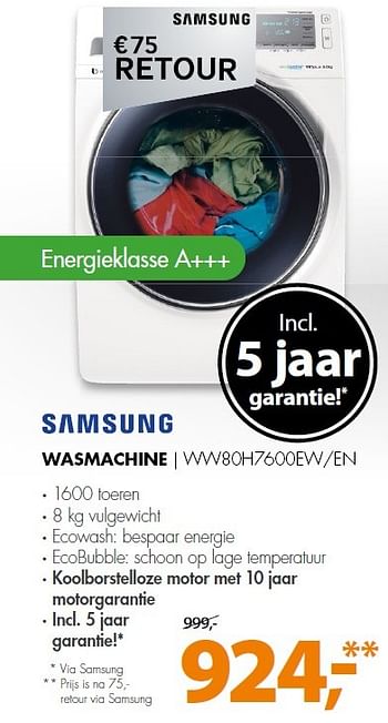 Aanbiedingen Samsung wasmachine ww80h7600ew-en - Samsung - Geldig van 08/06/2015 tot 14/06/2015 bij Expert