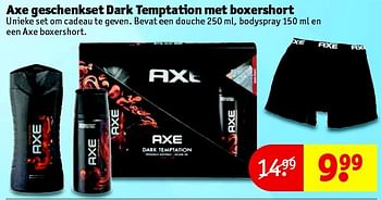 Aanbiedingen Axe geschenkset dark temptation met boxershort - Axe - Geldig van 16/06/2015 tot 21/06/2015 bij Kruidvat