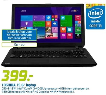 Aanbiedingen Toshiba 15,6 laptop c50-b-13w; intel - Toshiba - Geldig van 10/06/2015 tot 21/06/2015 bij BCC