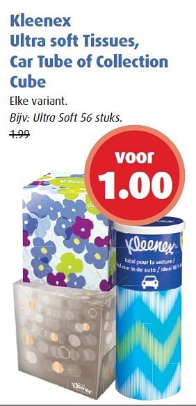 Aanbiedingen Kleenex ultra soft tissues, car tube of collection cube - Kleenex - Geldig van 08/06/2015 tot 21/06/2015 bij Uw eigen drogist