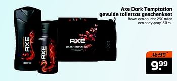 Aanbiedingen Axe dark temptation gevulde toilettas geschenkset - Axe - Geldig van 16/06/2015 tot 21/06/2015 bij Trekpleister