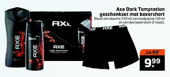 Aanbiedingen Axe dark temptation geschenkset met boxershort - Axe - Geldig van 16/06/2015 tot 21/06/2015 bij Trekpleister