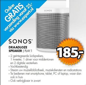Aanbiedingen Sonos draadloze speaker play:1 - Sonos - Geldig van 22/06/2015 tot 28/06/2015 bij Expert