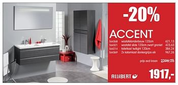 Aanbiedingen Accent wastafelonderbouw + wastafel slide 120cm zwart graniet + toiletkast twilight 120cm + 2x kolomkast donkergrijze eik - Allibert - Geldig van 29/06/2015 tot 09/08/2015 bij Multi Bazar