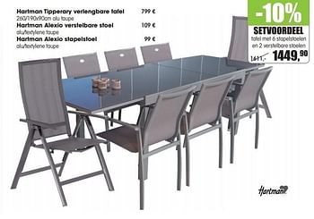 Aanbiedingen Setvoordeel tafel met 6 stapelstoelen en 2 verstelbare stoelen - Hartman - Geldig van 30/03/2015 tot 31/08/2015 bij Multi Bazar
