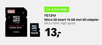 Aanbiedingen Icidu micro sd-kaart 16 gb met sd-adapter micro sdhc high speed - Icidu - Geldig van 22/06/2015 tot 05/07/2015 bij Dixons