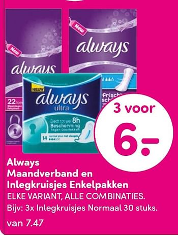 Aanbiedingen 3x inlegkruisjes normaal - Always - Geldig van 22/06/2015 tot 05/07/2015 bij da