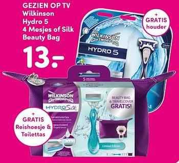 Aanbiedingen Gezien op tv wilkinson hydro 5 4 mesjes of silk beauty bag - Wilkinson - Geldig van 22/06/2015 tot 05/07/2015 bij da