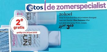 Aanbiedingen Etos suncare after sun aloë vera spray - Huismerk - Etos - Geldig van 22/06/2015 tot 12/07/2015 bij Etos