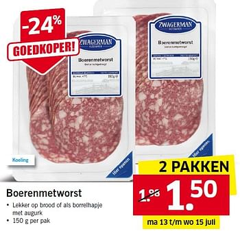 Aanbiedingen Boerenmetworst - Zwagerman - Geldig van 13/07/2015 tot 19/07/2015 bij Lidl