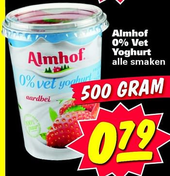 Aanbiedingen Almhof 0% vet yoghurt alle smaken - Almhof - Geldig van 13/07/2015 tot 19/07/2015 bij Nettorama