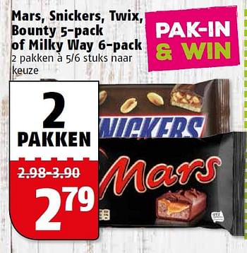Aanbiedingen Mars, snickers, twix, bounty 5-pack of milky way 6-pack - Mars Snacks - Geldig van 13/07/2015 tot 20/07/2015 bij Poiesz