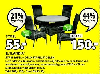Aanbiedingen Strib tafel + oslo stapelstoelen - Jutlandia - Geldig van 13/07/2015 tot 26/07/2015 bij Jysk