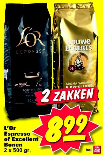 Aanbiedingen L`or espresso of excellent bonen - Douwe Egberts - Geldig van 20/07/2015 tot 26/07/2015 bij Nettorama