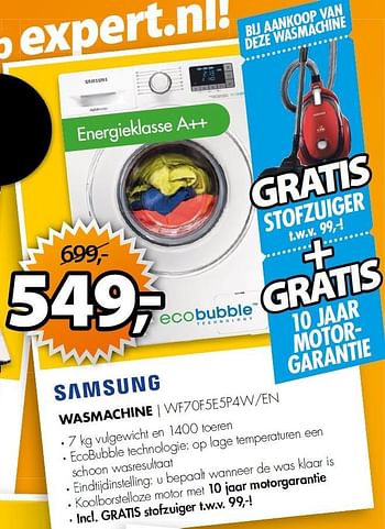 Aanbiedingen Samsung wasmachine wf70f5e5p4w-en - Samsung - Geldig van 20/07/2015 tot 26/07/2015 bij Expert