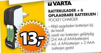 Aanbiedingen Varta batterijlader + 6 oplaadbare batterijen pocket charger - Varta - Geldig van 20/07/2015 tot 26/07/2015 bij Expert