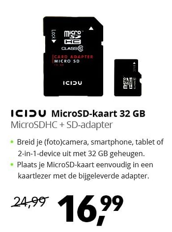 Aanbiedingen Icidu microsd-kaart 32 gb microsdhc + sd-adapter - Icidu - Geldig van 17/07/2015 tot 02/08/2015 bij Dixons